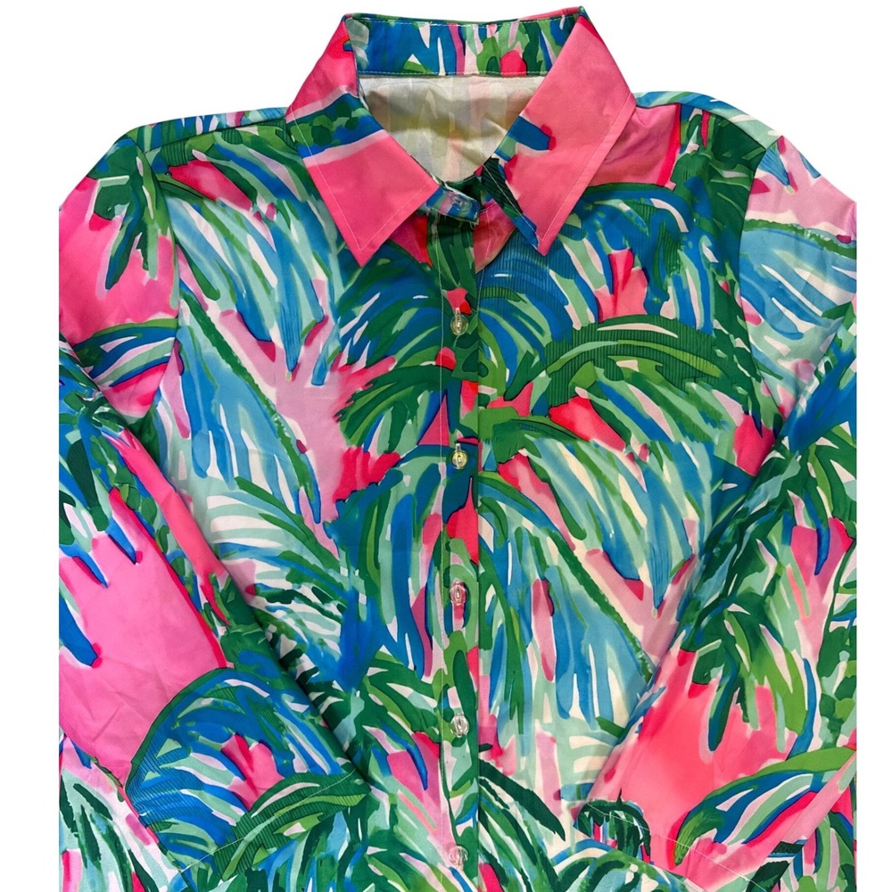 Tropical Palm Print Button Down Shirt Dress Cover up Pink Green Blue Size M - Picture 3 of 6